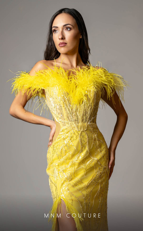 MNM Couture M1048 mesh� gown with all-over� embroidery, deep� sweetheart neckline, plumage detailing, and high side slit. | Couture Shop LA