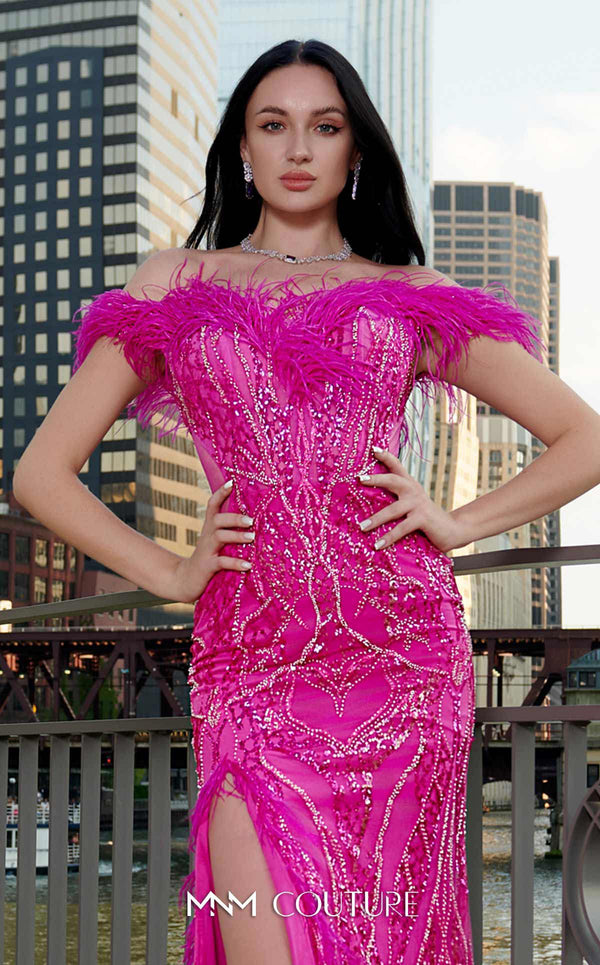 MNM Couture M1048 mesh� gown with all-over� embroidery, deep� sweetheart neckline, plumage detailing, and high side slit. | Couture Shop LA