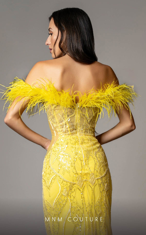 MNM Couture M1048 mesh� gown with all-over� embroidery, deep� sweetheart neckline, plumage detailing, and high side slit. | Couture Shop LA