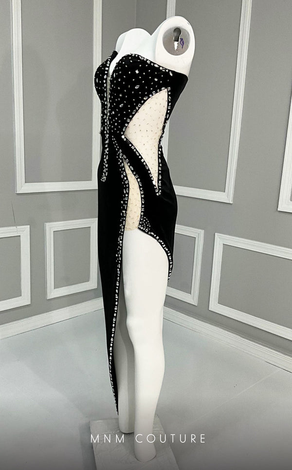 MNM Couture M1049 asymmetric velvet dress with diamond embroidery, unique mesh details, and natural fit. | Couture Shop LA