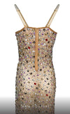 MNM Couture M1059 beaded mesh fitted dress with spaghetti straps and striking design. | Couture Shop LA