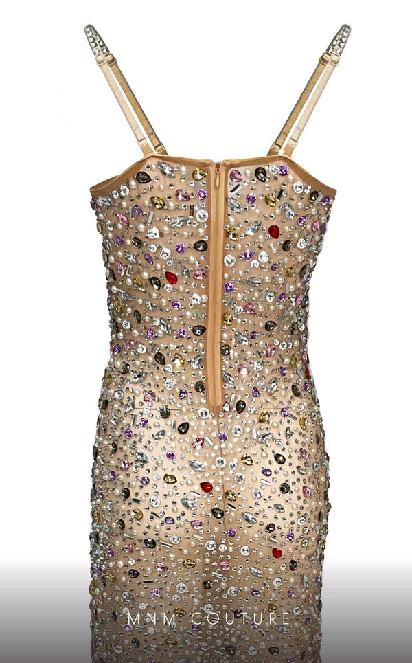 MNM Couture M1059 beaded mesh fitted dress with spaghetti straps and striking design. | Couture Shop LA