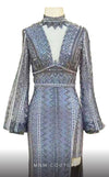 GLAM by MNM Couture M1060 embroidered column gown with trumpet sleeves and Queen Anne neckline