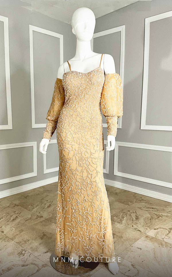 GLAM by MNM Couture M1101 lantern sleeve gown with sweetheart neckline and detailed train
