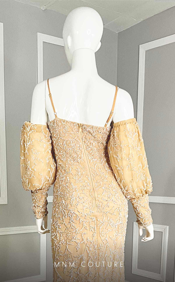 GLAM by MNM Couture M1101 lantern sleeve gown with sweetheart neckline and detailed train