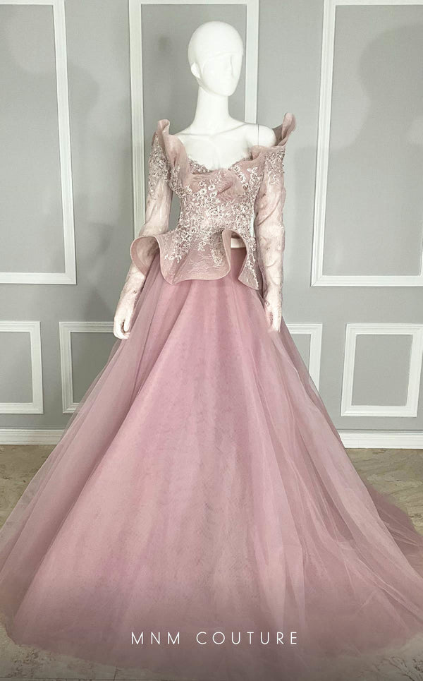 MNM Couture M1107 mauve off-the-shoulder gown with a pearl-embroidered corset, sweetheart neckline, and peplum details at the bust and waist. | Couture Shop LA