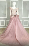 MNM Couture M1107 mauve off-the-shoulder gown with a pearl-embroidered corset, sweetheart neckline, and peplum details at the bust and waist. | Couture Shop LA