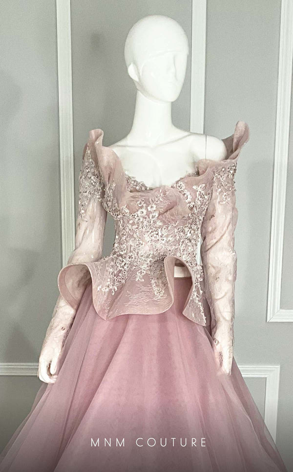 MNM Couture M1107 mauve off-the-shoulder gown with a pearl-embroidered corset, sweetheart neckline, and peplum details at the bust and waist. | Couture Shop LA