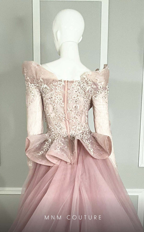 MNM Couture M1107 mauve off-the-shoulder gown with a pearl-embroidered corset, sweetheart neckline, and peplum details at the bust and waist. | Couture Shop LA