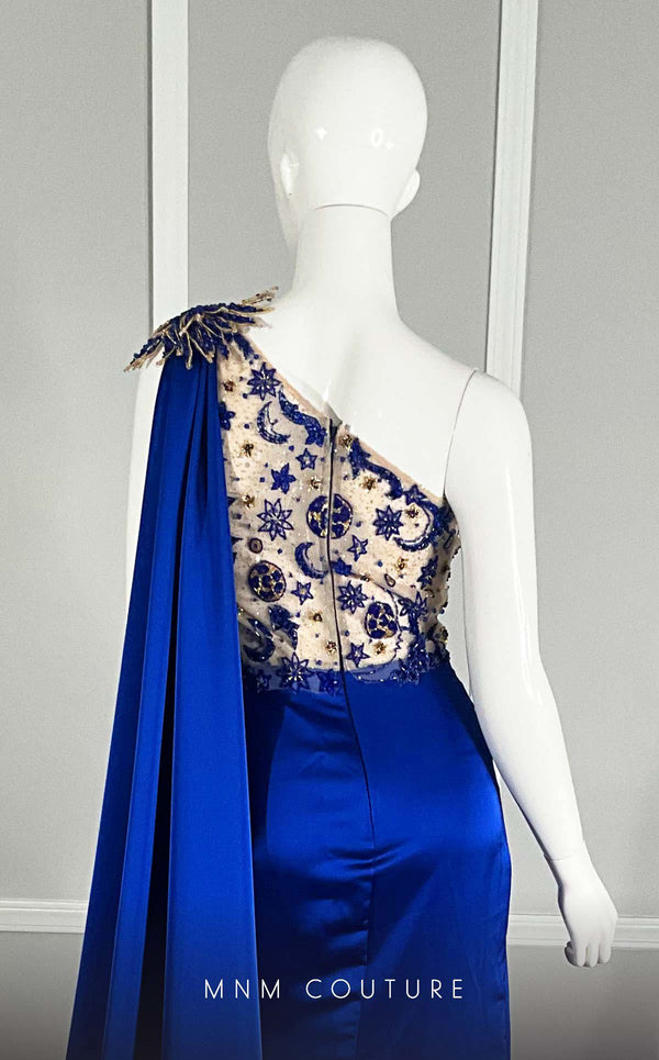 MNM Couture M1108 Elegant long dress with asymmetric neckline, delicate embroidery, and a dramatic train, perfect for special occasions. | Couture Shop LA