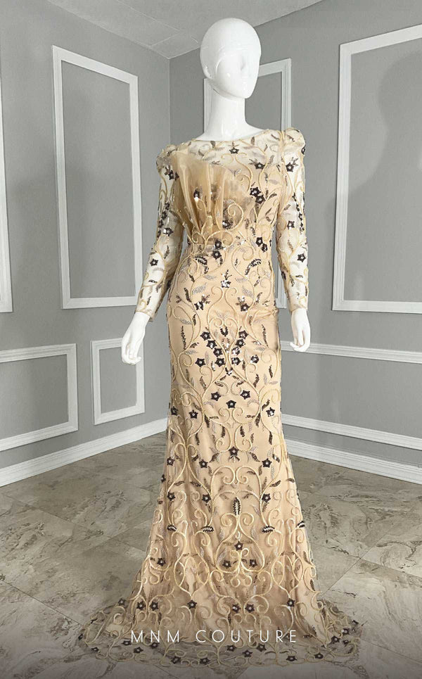 GLAM by MNM Couture M1109 jewel neck column gown with removable silk skirt and intricate embroidery