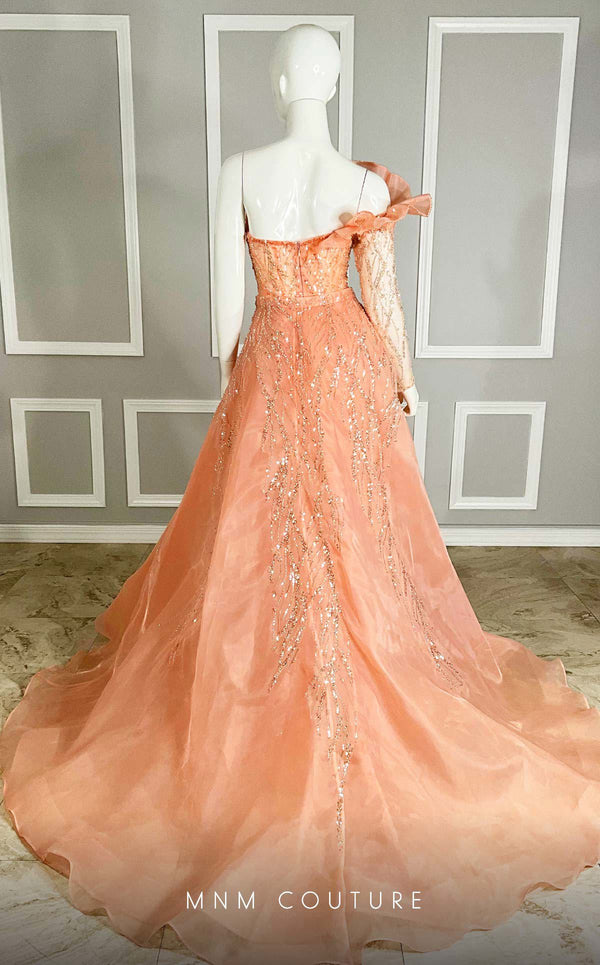 MNM Couture M1114 embroided Tulle� gown with asymmetrical� sweetheart neckline, one-side ruffles, and removable skirt. | Couture Shop LA