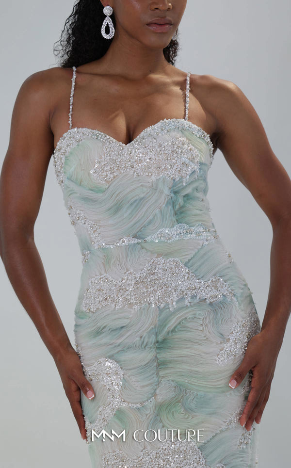 MNM Couture Style M1133 mermaid gown with strapless sweetheart neckline, 3D embroidered wave tulle, intricate beadwork, fit-and-flare silhouette, and flowing train.| Couture Shop LA