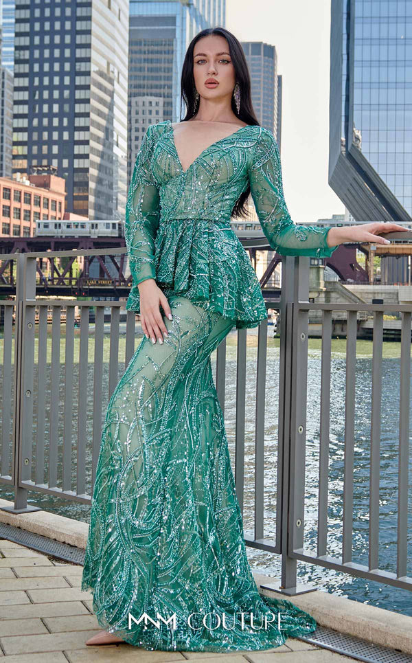 Elegant MNM Couture M1140 Sequined Mermaid Dress featuring an illusion deep V neckline and sequins. | Couture Shop LA
