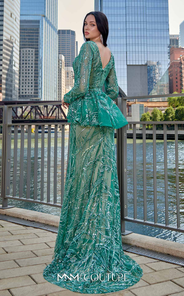 Elegant MNM Couture M1140 Sequined Mermaid Dress featuring an illusion deep V neckline and sequins. | Couture Shop LA