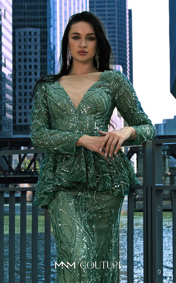 Elegant MNM Couture M1140 Sequined Mermaid Dress featuring an illusion deep V neckline and sequins. | Couture Shop LA
