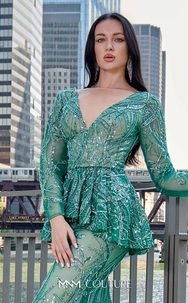 Elegant MNM Couture M1140 Sequined Mermaid Dress featuring an illusion deep V neckline and sequins. | Couture Shop LA