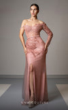 MNM Couture M1165 dress featuring a pink embroidery mesh design, showcasing a sweetheart neckline, one long sleeve, and a spaghetti strap, perfect for special occasions. | Couture Shop LA
