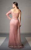 MNM Couture M1165 dress featuring a pink embroidery mesh design, showcasing a sweetheart neckline, one long sleeve, and a spaghetti strap, perfect for special occasions. | Couture Shop LA
