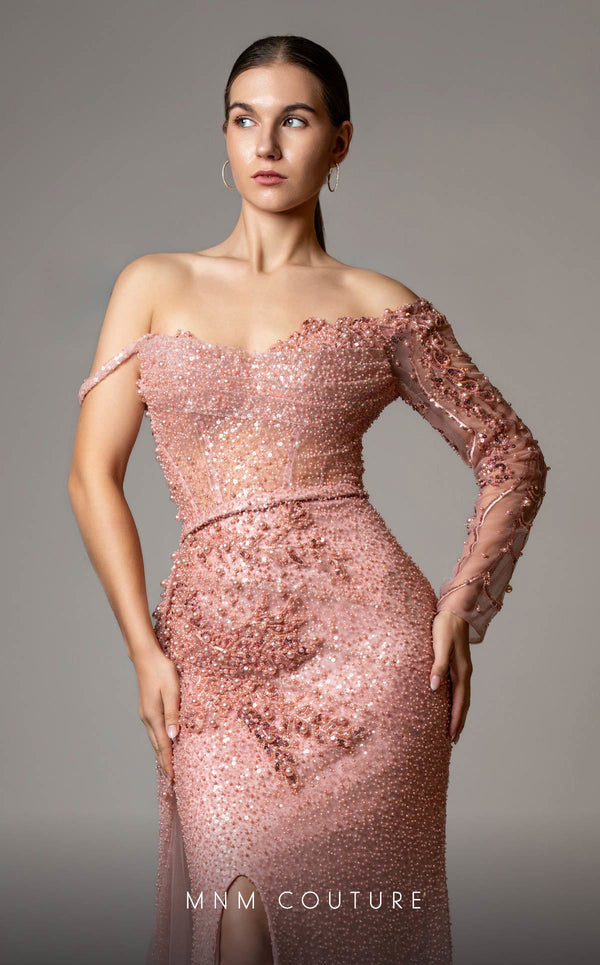 MNM Couture M1165 dress featuring a pink embroidery mesh design, showcasing a sweetheart neckline, one long sleeve, and a spaghetti strap, perfect for special occasions. | Couture Shop LA