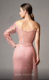 MNM Couture M1165 dress featuring a pink embroidery mesh design, showcasing a sweetheart neckline, one long sleeve, and a spaghetti strap, perfect for special occasions. | Couture Shop LA
