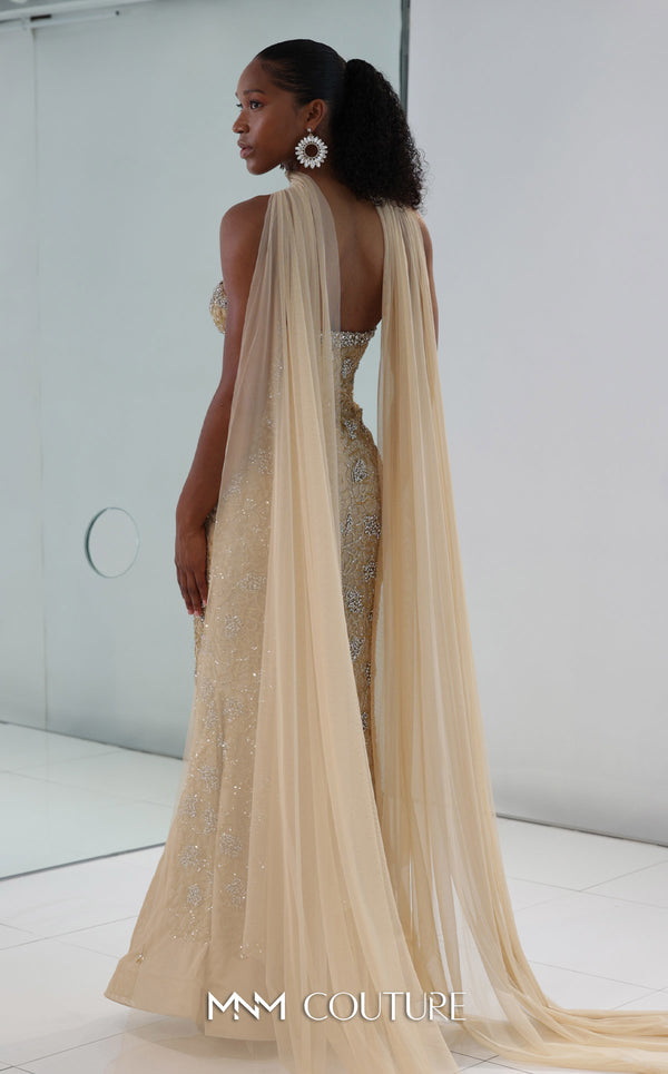 MNM Couture M1188 embroidered tulle mermaid gown with golden details, 3D floral appliqu�s, sweetheart neckline, and a sheer cape. | Couture Shop LA