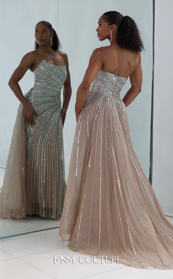 MNM Couture Style M1189 showcasing a sleeveless, fully embellished mermaid gown with a plunging illusion U-neckline, covered in sparkling sequins, beads, and diamonds. | Couture Shop LA