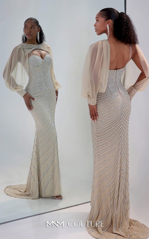 MNM Couture M1191 showcasing a form-fitting mermaid gown fully embellished with sparkling diamonds and beads, featuring a sweetheart neckline and removable sleeve. | Couture Shop LA