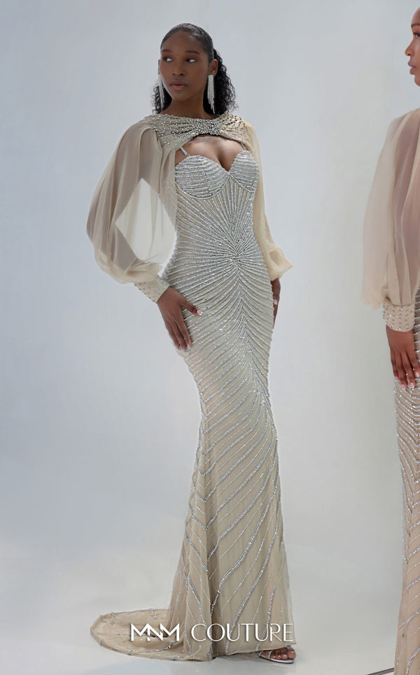 MNM Couture M1191 showcasing a form-fitting mermaid gown fully embellished with sparkling diamonds and beads, featuring a sweetheart neckline and removable sleeve. | Couture Shop LA