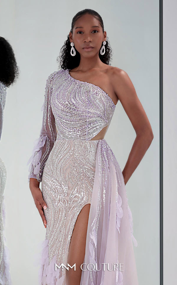 MNM Couture M1310 mesh A-line dress with sequins, beads, and asymmetric sleeve detailing.| Couture Shop LA