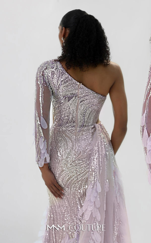 MNM Couture M1310 mesh A-line dress with sequins, beads, and asymmetric sleeve detailing.| Couture Shop LA