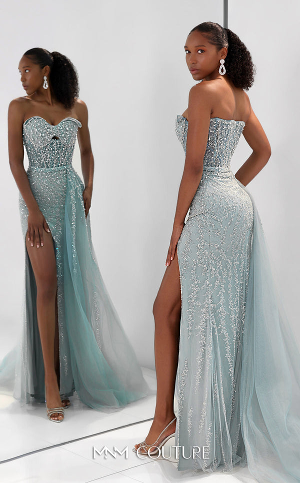 MNM Couture M1311 sleeveless glitter-embellished mesh A-line gown with tulle overskirt and slit.| Couture Shop LA