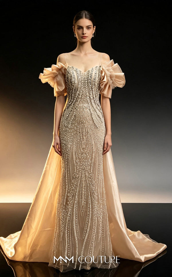MNM Couture M1314 fully beaded Art Deco column gown with sweetheart neckline, off-shoulder pleated ruffles, and organza train | Couture Shop LA.