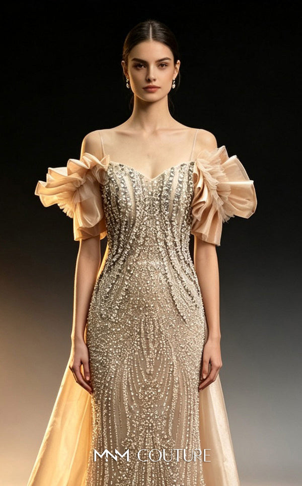 MNM Couture M1314 fully beaded Art Deco column gown with sweetheart neckline, off-shoulder pleated ruffles, and organza train | Couture Shop LA.