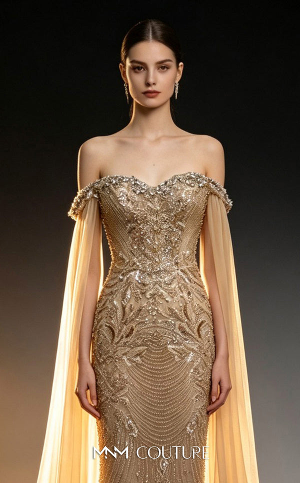 MNM Couture M1315 fully beaded strapless mermaid gown with crystal off-shoulder sweetheart neckline and floor-length sleeve trains | Couture Shop LA.