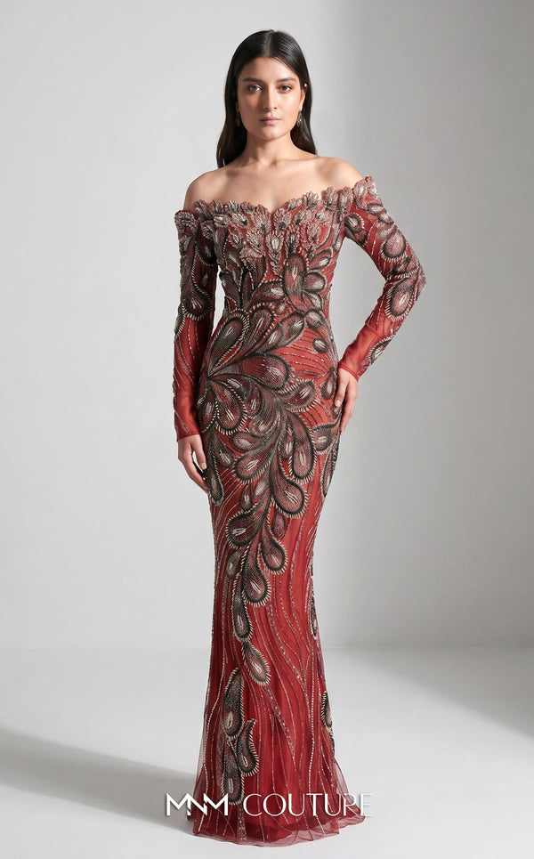 MNM Couture M1316 head-to-toe beaded mermaid gown with scalloped sweetheart neckline, boat neck, and off-shoulder sleeves in petal pattern | Couture Shop LA.