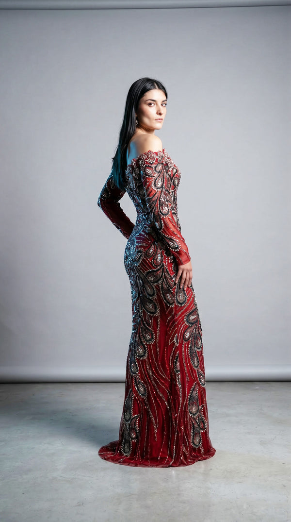 MNM Couture M1316 head-to-toe beaded mermaid gown with scalloped sweetheart neckline, boat neck, and off-shoulder sleeves in petal pattern | Couture Shop LA.