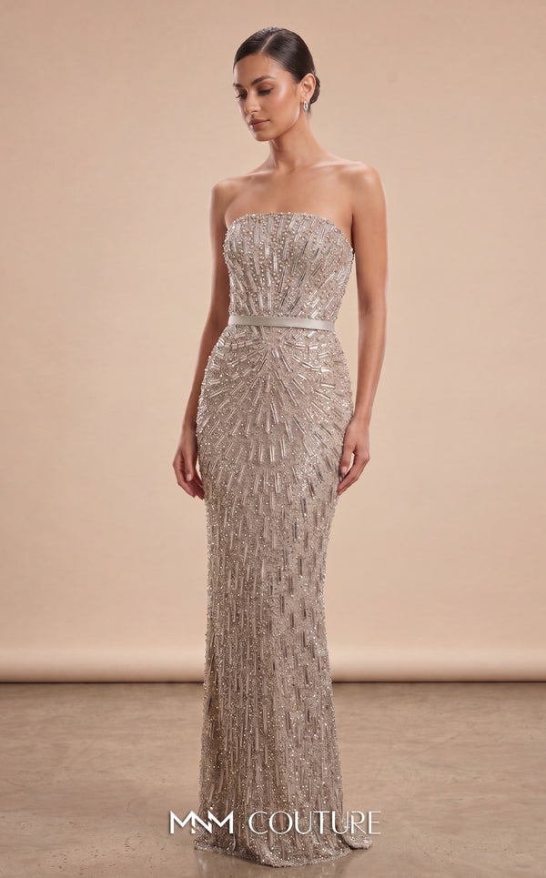 MNM Couture M1319 silver strapless column gown with all-over cascading beaded crystal fringe, sunburst bead pattern from the bust, straight bandeau neckline, satin waistband belt, open back, and center back slit | Couture Shop LA