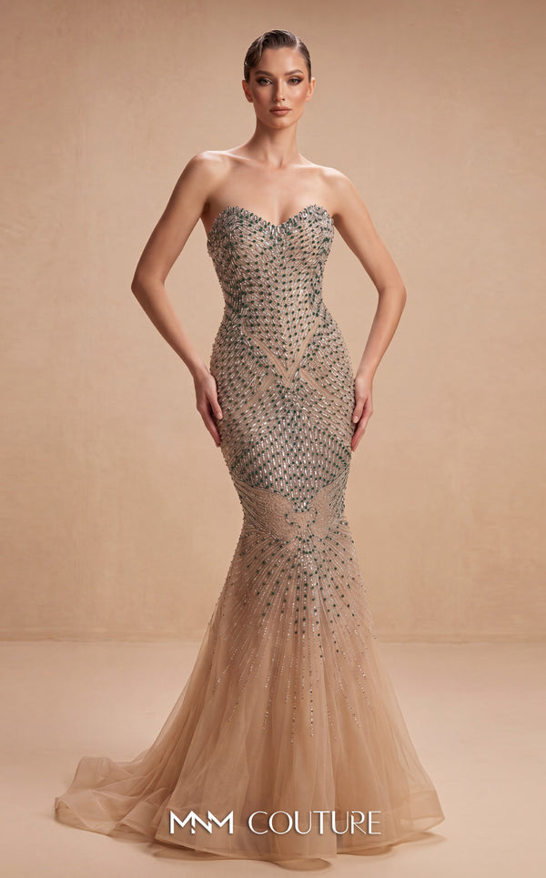 MNM Couture M1322 embroidered tulle sleeveless mermaid gown with structured sweetheart corset bodice, fit-and-flare skirt, and crystal, green, and white stone geometric embellishment | Couture Shop LA.