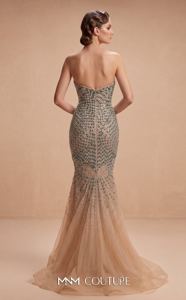MNM Couture M1322 embroidered tulle sleeveless mermaid gown with structured sweetheart corset bodice, fit-and-flare skirt, and crystal, green, and white stone geometric embellishment | Couture Shop LA.