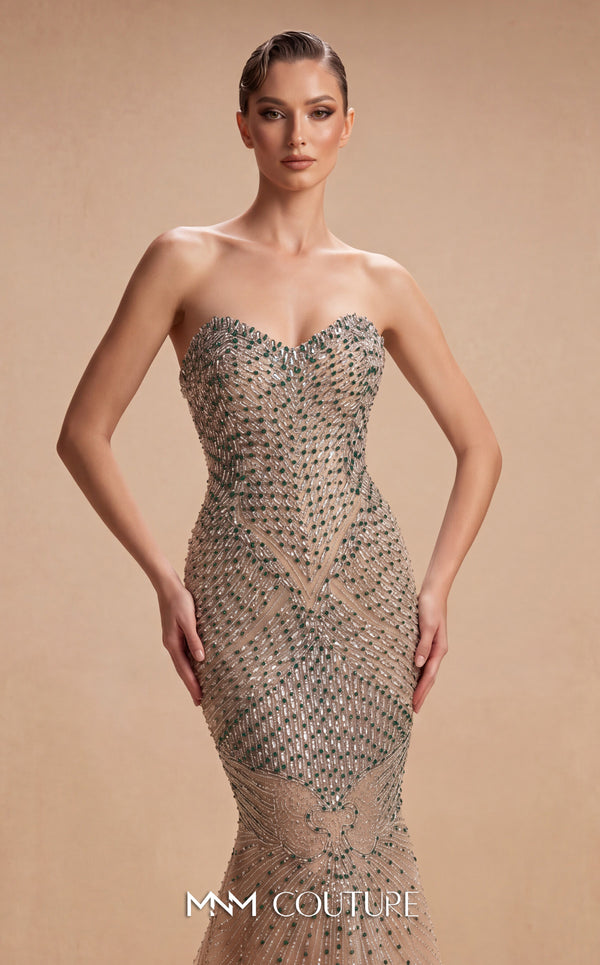 MNM Couture M1322 embroidered tulle sleeveless mermaid gown with structured sweetheart corset bodice, fit-and-flare skirt, and crystal, green, and white stone geometric embellishment | Couture Shop LA.