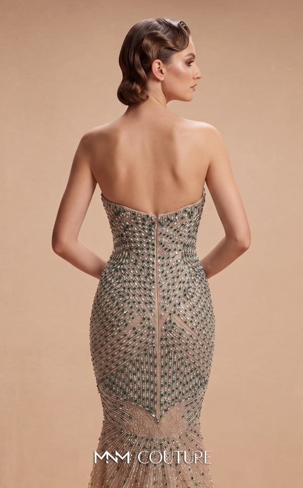 MNM Couture M1322 embroidered tulle sleeveless mermaid gown with structured sweetheart corset bodice, fit-and-flare skirt, and crystal, green, and white stone geometric embellishment | Couture Shop LA.