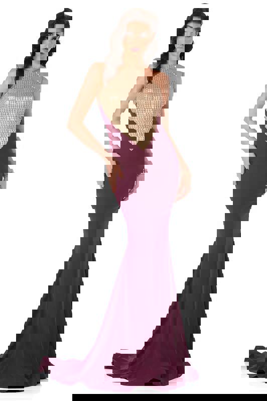 MNM Couture N0014 trumpet gown with illusion shoulders, metallic bodice, and mini train. | Couture Shop LA