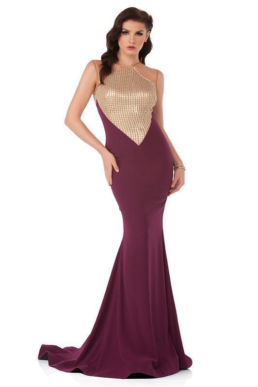 MNM Couture N0014 trumpet gown with illusion shoulders, metallic bodice, and mini train. | Couture Shop LA