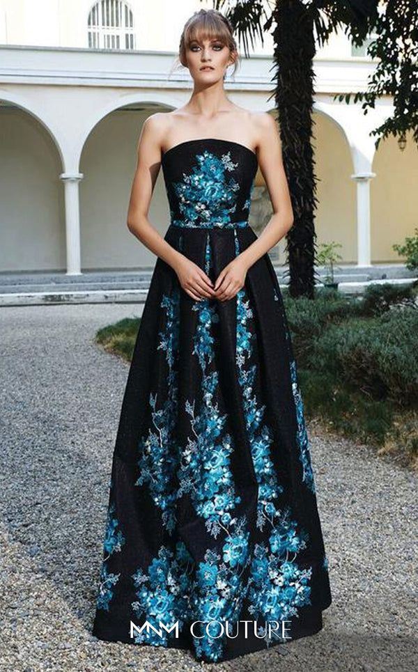 MNM Couture N0126 strapless A-line gown with floral embellishments and pleated skirt. | Couture Shop LA