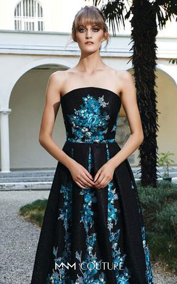 MNM Couture N0126 strapless A-line gown with floral embellishments and pleated skirt. | Couture Shop LA