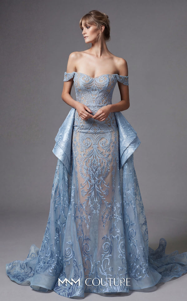 MNM Couture N0134 sweetheart dress with lace embroidery, off-shoulder sleeves, and A-line skirt. | Couture Shop LA
