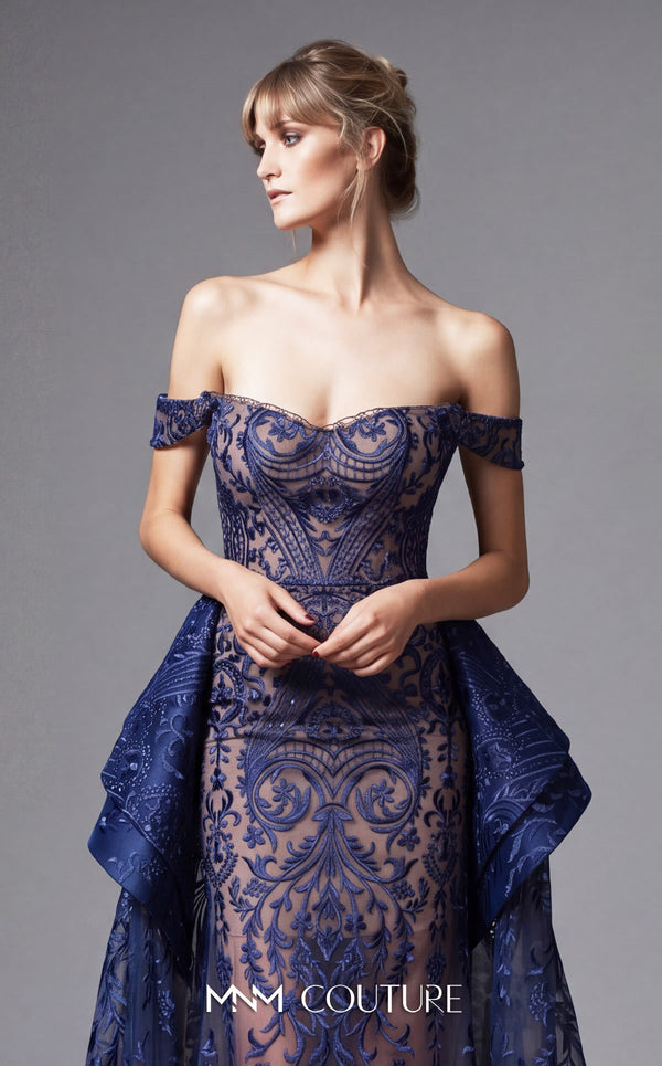 MNM Couture N0134 sweetheart dress with lace embroidery, off-shoulder sleeves, and A-line skirt. | Couture Shop LA