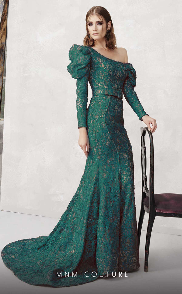 MNM Couture N0281 green column gown with asymmetric sleeves, elegant belt, and sweeping train | Couture Shop LA