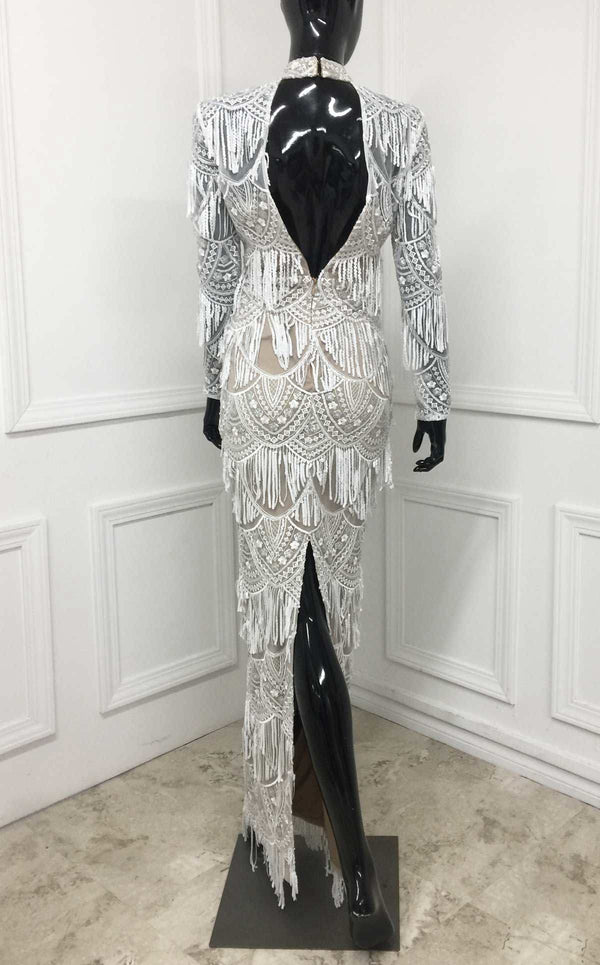 MNM Couture N0293 long-sleeve evening dress with sequin fringe overlay and open back detail. | Couture Shop LA
